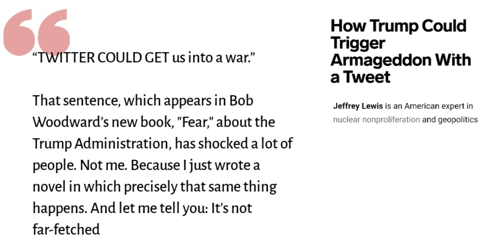 ⓭ How Trump could trigger Armageddon with a tweet https://www.wired.com/story/how-trump-could-trigger-armageddon-with-a-tweet/⭛⭛⭛
