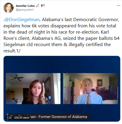 6/ Rs did not care when 6K votes vanished from  @DonSiegelman's total AFTER he was declared victorious in his 02 gubernatorial reelection race in Alabama. On the contrary, Karl Rove's client, Alabama's AG, confiscated the paper ballots to prevent a recount. 