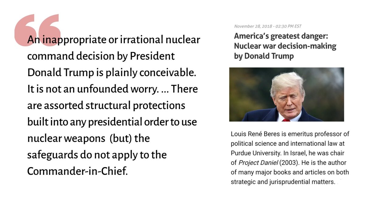 ⓮ America's greatest danger: Nuclear war decision-making by Donald Trump https://thehill.com/opinion/white-house/418509-americas-greatest-danger-nuclear-war-decision-making-by-donald-trump⭛⭛⭛