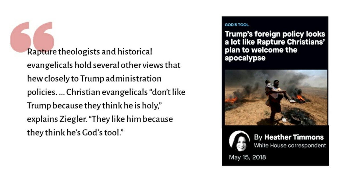 ⓰Trump’s foreign policy looks a lot like Rapture Christians’ plan to welcome the apocalypse https://qz.com/1270516/jerusalem-embassy-trumps-foreign-policy-looks-like-rapture-christians-plan-to-trigger-apocalypse/amp/⭛⭛⭛