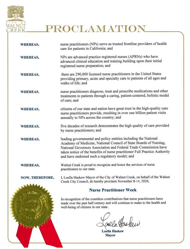 Check it out! The mayor of Walnut Creek Loella Haskew <a href="/loellah/">Loella Haskew</a> has proclaimed Nov 8-14 as #NPWeek! Thank you <a href="/WalnutCreekGov/">City of Walnut Creek</a> for recognizing #NursePractitioners! #CANP #NPsLead