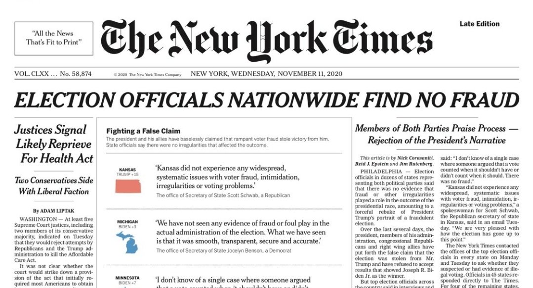 BREAKING: Tomorrow's headline in the NY Times reveals NO FRAUD in elections nationwide.

PLEASE RT TO SHARE WIDELY.
