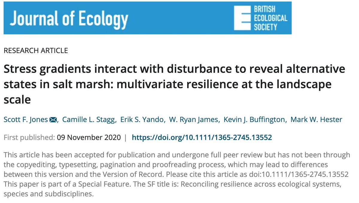  New paper  @JEcology We quantify the ball-and-cup  #Resilience model for a  #SaltMarsh, use acute disturbance and chronic stress to reveal alternative states ( #Mudflat), then we map those states across the landscape! https://onlinelibrary.wiley.com/share/author/EHH2NCVPSU7URIB6WBGD?target=10.1111/1365-2745.13552