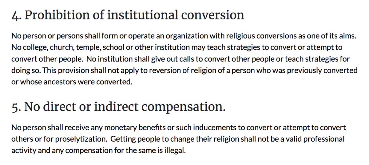 These are some of the key clauses.4. Prohibition of institutional conversionNo person or persons shall form or operate an organization with religious conversions as one of its aims. No college, church... or other institution may teach strategies to convert other people.