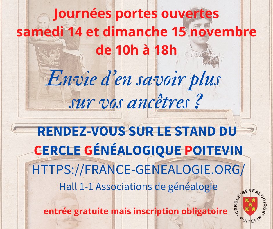 Retrouvez les bénévoles de <a href="/HerageCGP/">HerageCGP</a> les 14 et 15 novembre sur le stand du #salonvirtueldelagenealogie #GeneaEvent2020
france-genealogie.org/1-1-allee-des-…