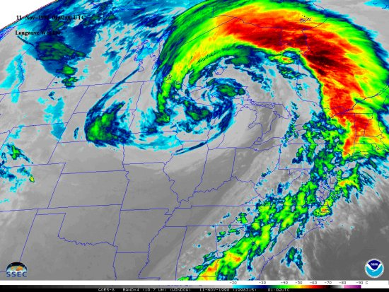 "When afternoon came it was freezin' rainIn the face of a hurricane west wind"The November 9-10 storm had winds between 30 to 45 knots, with gusts up to 50 knots. The waves were between 16 and 18 ft in height. It was literally a hurricane. (img: NOAA)
