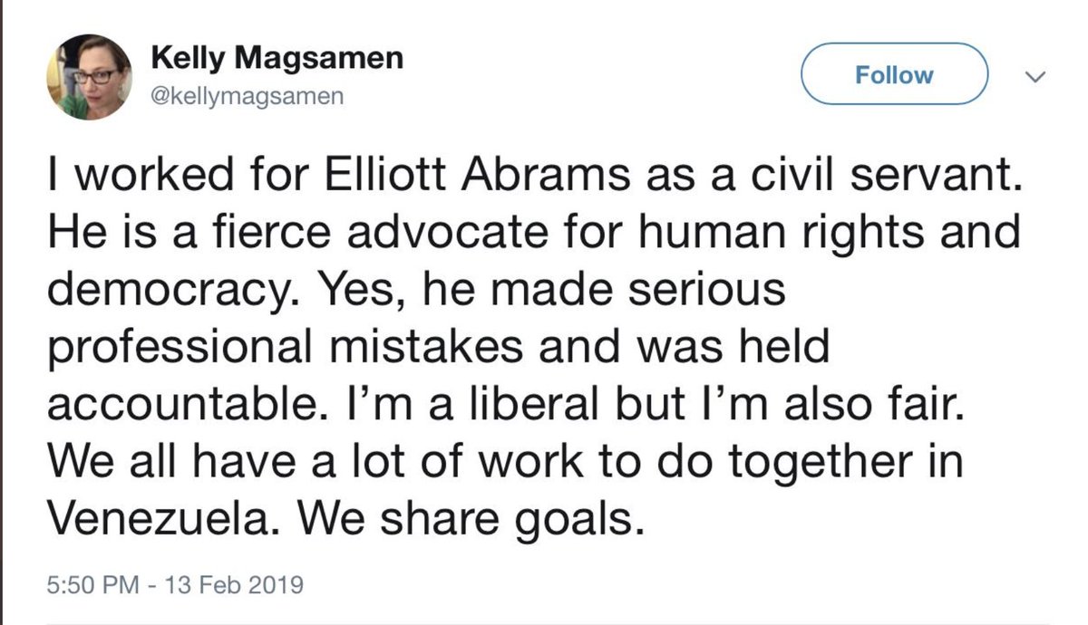 Kelly Magsamen, VP of natsec at CAP, is listed on the Biden NSC team. Magsamen rushed to the defense of her former boss, Elliot Abrams, after Ilhan Omar roasted him in 2019. She claimed Abrams is a "fierce advocate for human rights" and that they "share goals" on Venezuela.