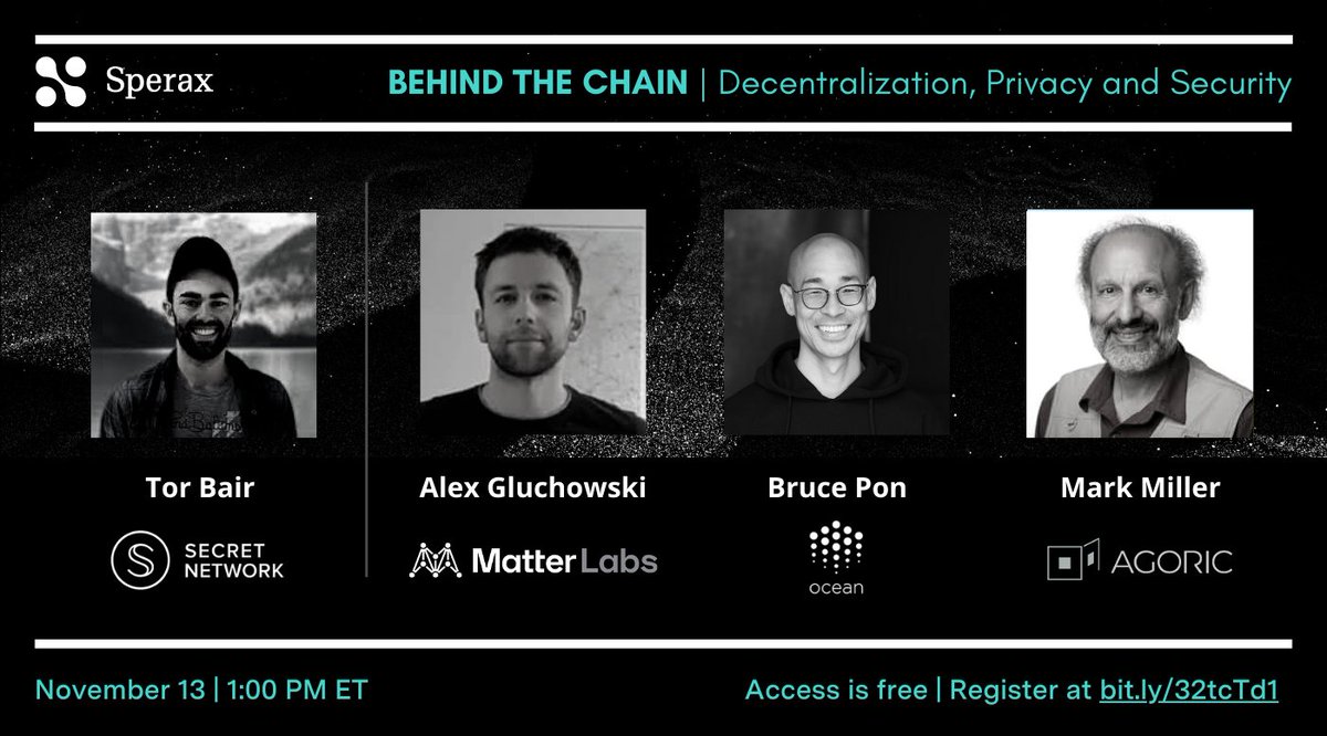 agoric's tweet photo. Looking forward to the conversation on #decentralization, #privacy and #security with @TorBair, @gluk64, @BrucePon and our @marksammiller ✨

Register for the event here 👉 https://t.co/deiqkXLljv https://t.co/98IpB8zvxS