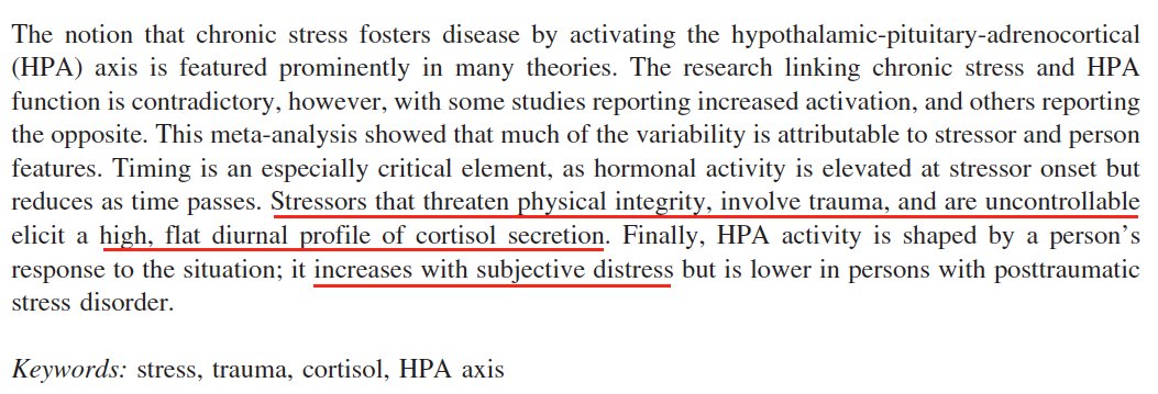 The human body (and psyche) is a complex universe. Science admits to vast unknowns. What it does know, is gravely concerning in present context.If It Goes Up, Must It Come Down? Chronic Stress and the Hypothalamic-Pituitary-Adrenocortical Axis in Humans  https://sci-hub.do/10.1037/0033-2909.133.1.25