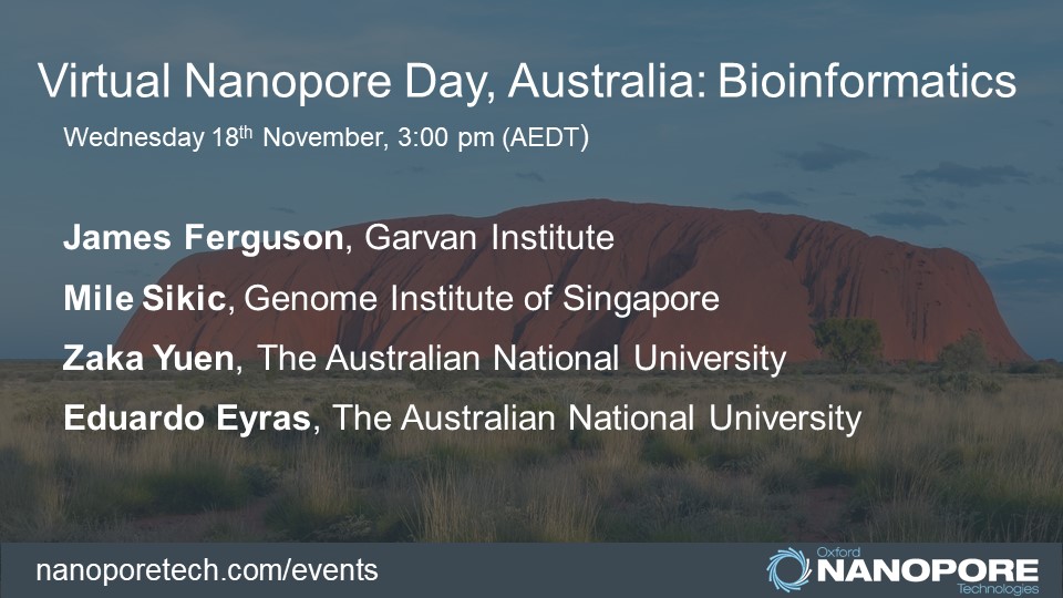 Reference-free transcriptomics, methylation benchmarking, de novo assembly and deep learning analysis. Why not check out 'Virtual Nanopore Day, Australia: Bioinformatics' and find out what it is all about!

Register: bit.ly/34WZcVh