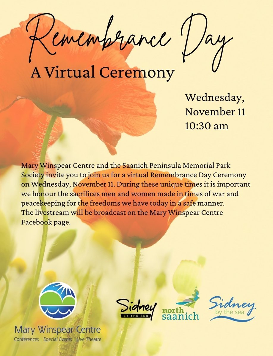 townofsidneybc's tweet image. Our local Virtual Remembrance Day Ceremony begins at 10:30 am on Wed. Nov. 11 at: facebook.com/marywinspear

More opportunities to pay respects, honour sacrifices, reflect and share memories during Remembrance Day 2020 can be found on our website: sidney.ca/Things_To_Do/F…