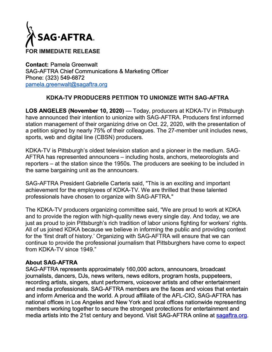 WeMakeKDKA's tweet photo. We are the proud producers of KDKA-TV - Pittsburgh’s oldest TV station - and we are unionizing with @sagaftra!

We’re organizing to ensure Pittsburghers get the best journalism for years to come. https://t.co/FPoBofypN7