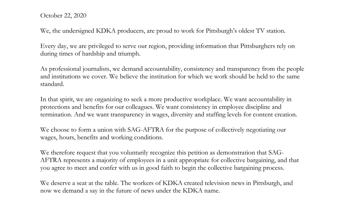 We need to have a voice. We need to have a fair contract.

We want to make sure that KDKA-TV and your local news will be in good hands for years to come.

This is the petition we delivered to KDKA management, requesting voluntary recognition of our union.