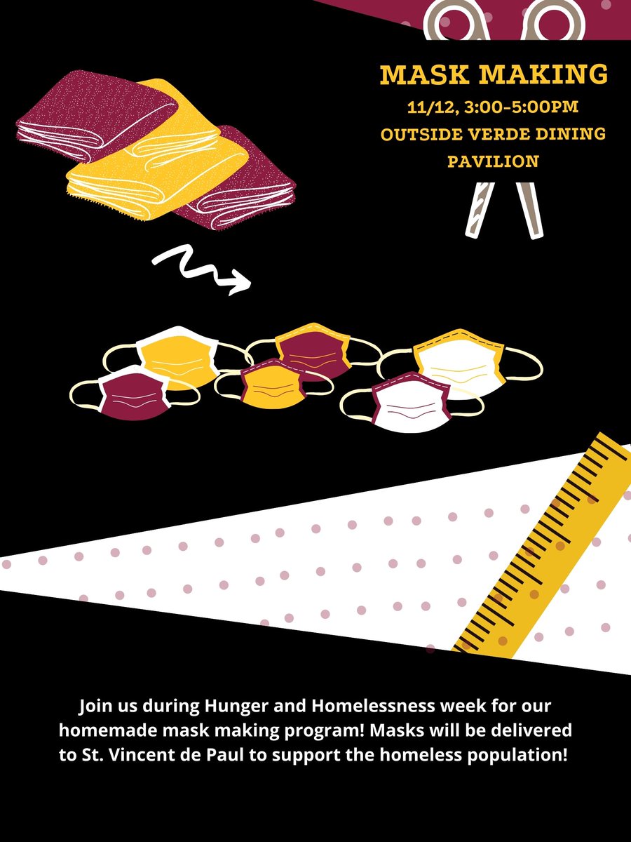ASUWestEngage's tweet photo. Sun Devils continue participating in Hunger &amp; Homelessness Week by supporting our community through the creation of homemade face masks! All created masks will allow St. Vincent de Paul to distribute to those who need it most and cannot afford to purchase them from retail stores. https://t.co/y60fdYncng