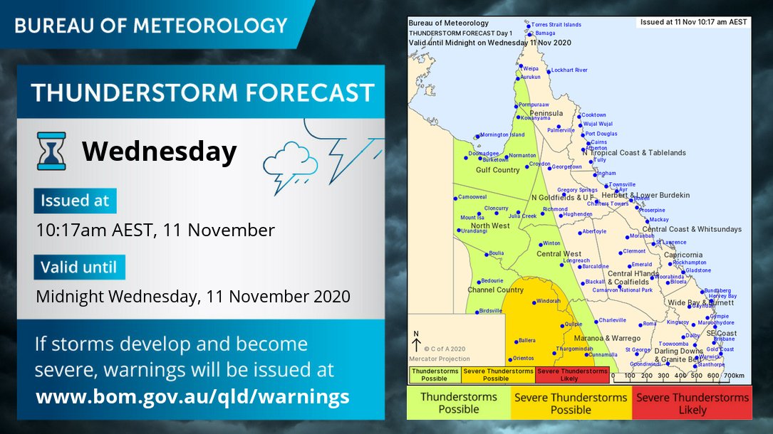 BOM_Qld's tweet photo. Severe thunderstorms possible for far #WesternQld, with thunderstorms possible across the far west, northwest and Gulf Country this afternoon and evening. For the latest weather advice, check https://t.co/agUvOUZaZQ. https://t.co/BKhXsz8t2V