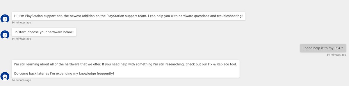 dentudave's tweet photo. And your chatbot doesn't know anything about the PS4. https://t.co/QFOy1U9m7s