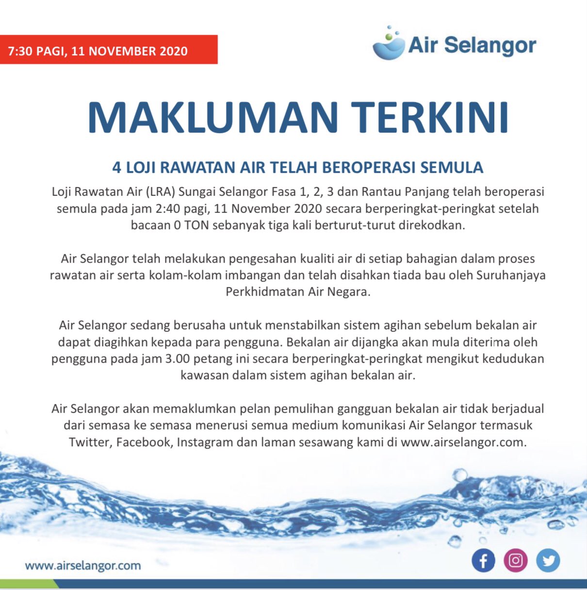 Bfm News On Twitter Water Supply In 1 279 Areas In The Klang Valley Will Be Restored In Stages Starting 3pm Today Air Selangor Says Four Water Treatment Plants In Selangor Have Resumed