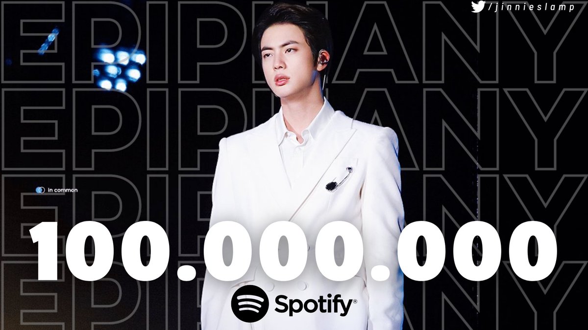 jinnieslamp's tweet photo. "Epiphany" by #JIN has surpassed 100 million streams on Spotify. It is @BTS_twt’s 44th &amp; Jin’s first song to achieve this milestone 🎉 #EpiphanyByJin100M https://t.co/7YzIoeVzOs