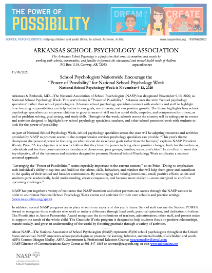 meaganmed's tweet photo. It's National School Psychology Week! 

Arkansas School Psychology Association PRESS RELEASE: https://t.co/kIvDXWvJus 

Join us in telling legislators to support policies addressing the school psychologist shortage #NSPW2020  #NASPadvocates #ASPAadvocates #arpx #arleg #arnews https://t.co/5ftQqYV0vx
