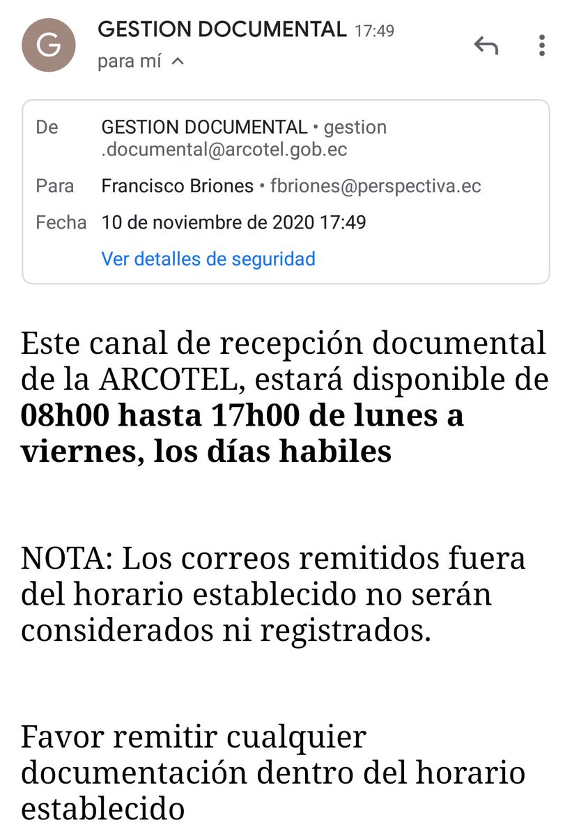 FcoBrionesR's tweet photo. Toda las bondades de la atención digital SEPULTADAS por un correo burocrático. 

IMPRESIONANTE. Y de una institución del Ministerio @Telecom_Ec. 

¿Qué diría @caanmichelena? #GobiernoDigital #Ecuador

Regalen RT plis. https://t.co/Zbt1QJ34Ga