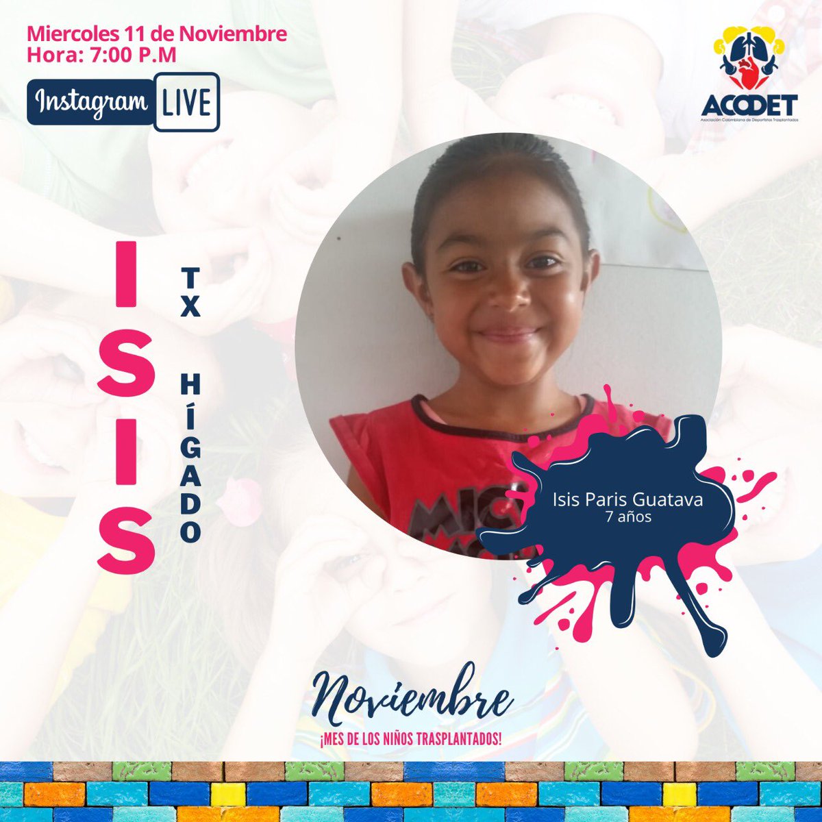 acodetorg's tweet photo. Isis será nuestra invitada miércoles 11 nov 7pm no olvides los colores para que pintemos sueños ‼️ nuestros niños trasplantados son protagonistas 🇨🇴 #txfamily #niñostrasplantados https://t.co/Bs8rgkkDld