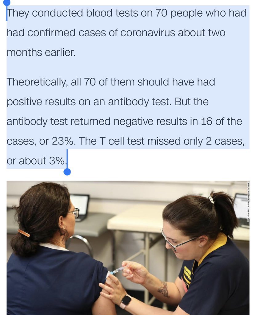 MOVE ASIDE ANTIBODY TESTS—Get ready for T-Cell testing for  #COVID19 to identify past infection. Unlike antibodies that naturally wane, T-cells persist much longer. Of 70 COVID survivors, T-cell  #COVID19 test ID’ed 97% of them, while antibody only 77%.  https://www.cnn.com/2020/11/10/health/covid-new-test-t-cells/index.html