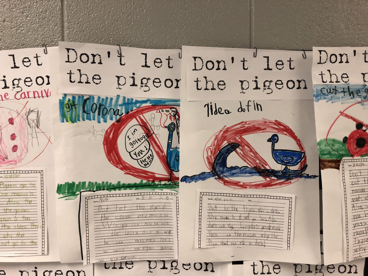 Mrs_Isaacks1st's tweet photo. Look at these amazing opinion pieces first grade finished today. These were based on the Pigeon books by Mo Willems. The students chose one thing the pigeon should not do and gave reasons to back up their opinion! They all turned out great! https://t.co/qcpenoDCXR