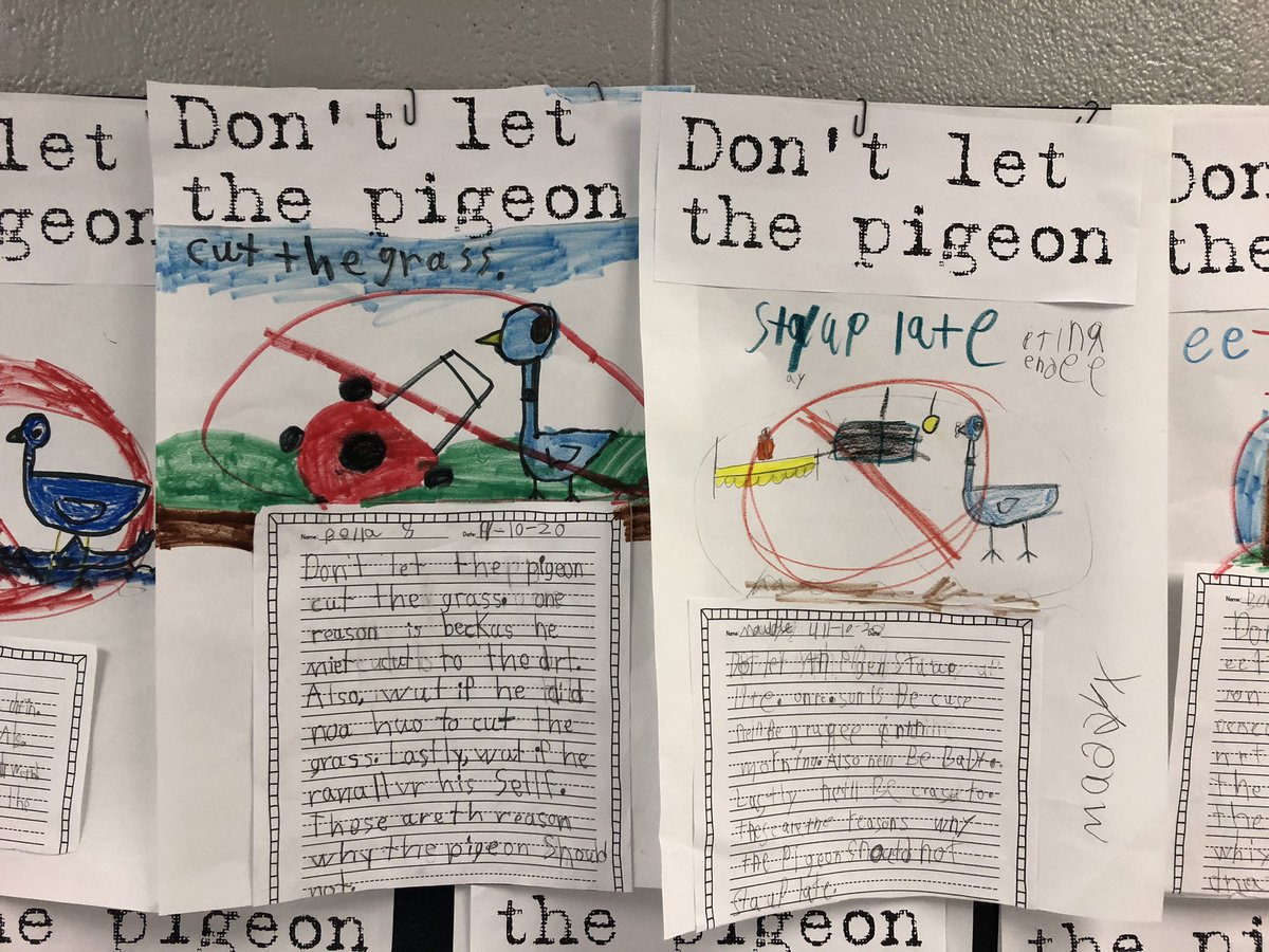 Mrs_Isaacks1st's tweet photo. Look at these amazing opinion pieces first grade finished today. These were based on the Pigeon books by Mo Willems. The students chose one thing the pigeon should not do and gave reasons to back up their opinion! They all turned out great! https://t.co/qcpenoDCXR