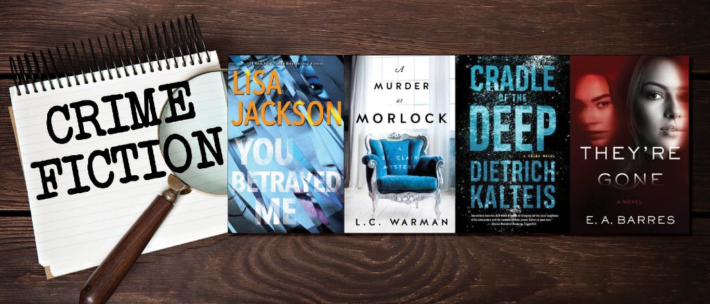 a collage of crime novel covers next to a magnifying glass and notebook