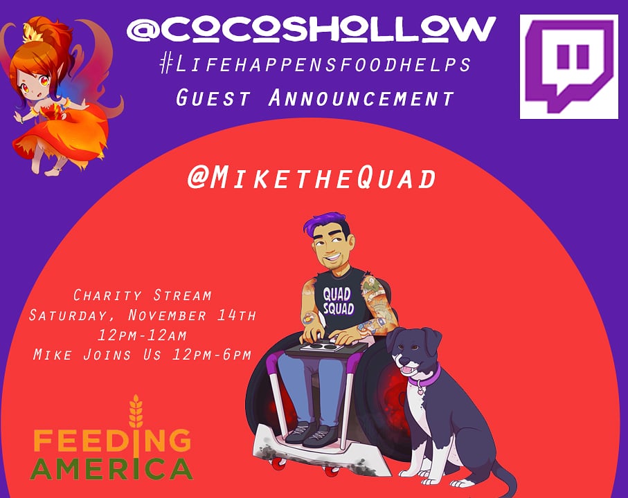 ColleenCModel's tweet photo. Saturday, November 14th @mikethequad will be joining me to raise money for #feedingamerica
#lifehappensfoodhelps #cocoshollow #commandingcosplayllc #charity #charitystream #streamer #twitch #twitchstreaming #twitchstreamer https://t.co/Br4RAaAqgL