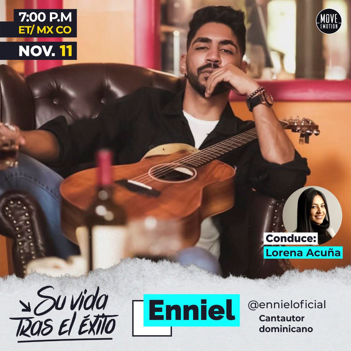 MoveEmotion's tweet photo. 🙋🏽‍♂️ La diversidad es sinónimo de #Enniel, tienes que conectarte a este Live para disfrutar de la música en sus diferentes géneros y tonos de voz con nuestro invitado 🎶 

☝🏽Únete a nuestras redes sociales y disfruta de una noche más de #SuVidaTrasElÉxito ✨

Conduce: @LoreAcu27 🙋🏽‍♀️ https://t.co/INs8hziGFn