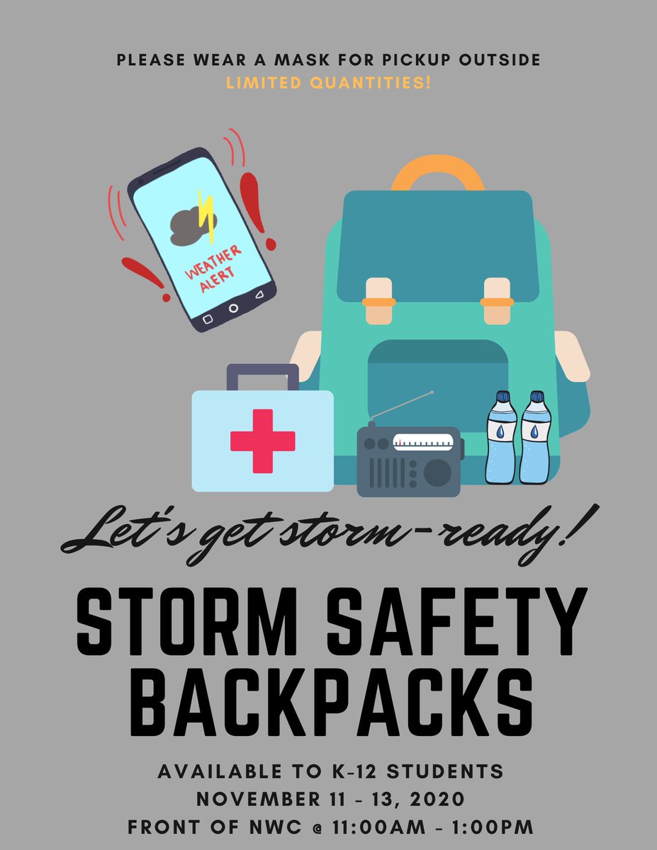 WeatherFestival's tweet photo. Don't forget our backpack pickups begin tomorrow! We are only giving out a limited quantity each day, so be sure to stop by tomorrow through Friday (11a-1pm). Please wear a mask for pickup, we'll see you tomorrow! #NWF20 https://t.co/kWc16KMjJx