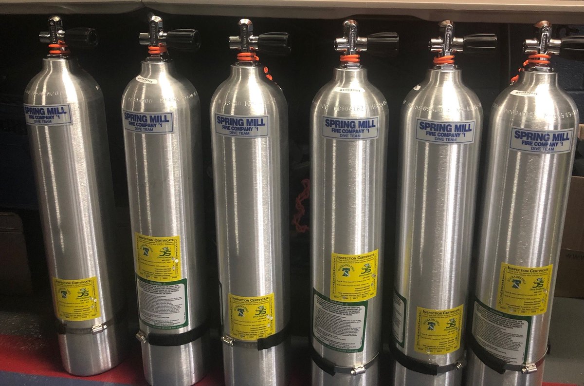 NH_Jennings's tweet photo. We have some new equipment and training props being introduced as part of changes to the @SpringMillFire Public Safety Dive Team including an entanglement prop built by the Team’s Officers using donated materials, and new bailout cylinders to meet @NFPA 1006 standards. https://t.co/h76h8JRRXm
