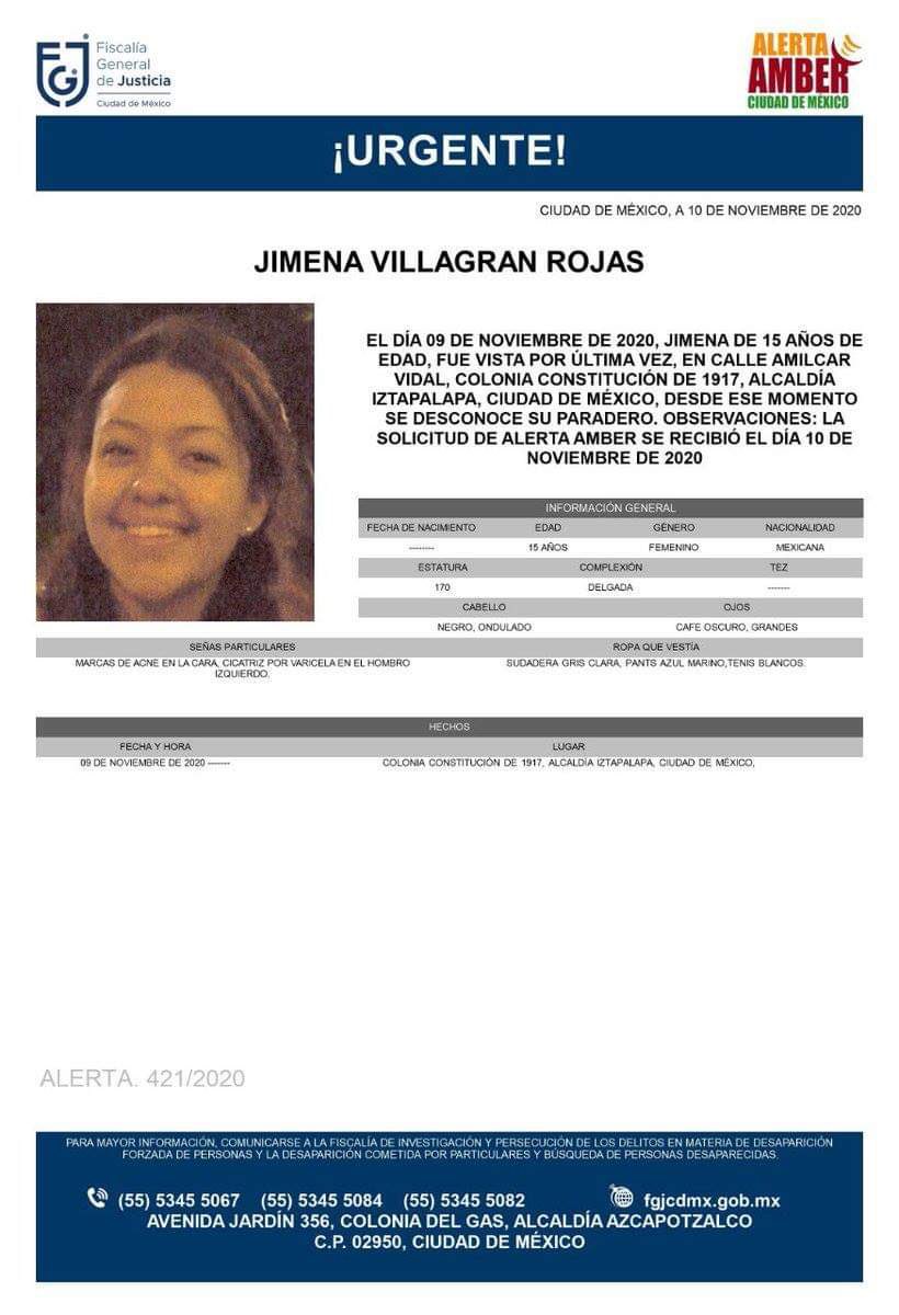 Markezale's tweet photo. 🚨URGE LOCALIZAR🚨 a Jimena Villagrán Rojas!
Edad: 15 años
Estatura 1.70
Morena, delgada, cabello negro.
Lleva pants azul marino, sudadera gris, tenis blancos.
Fue vista por última vez en CONSTITUCION DE 1917 en @Alc_Iztapalapa, #AlertaAmber  regálenme un RT es hija de un amigo https://t.co/rBCan2N4AK