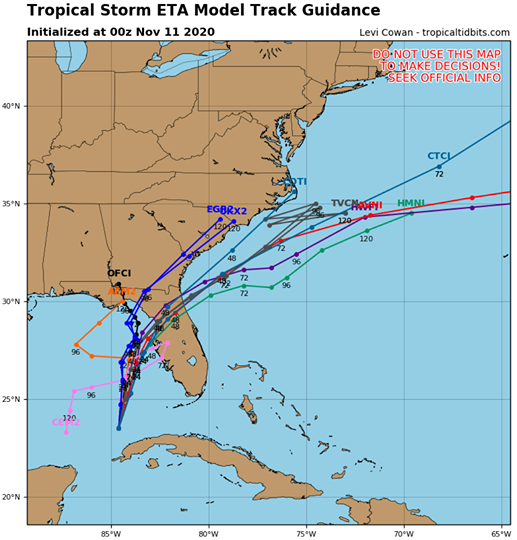 tropicalupdate's tweet photo. Freshest 00z spaghetti models just posted on https://t.co/3cvwpvVJ22. Back to that more NE turn into Florida. Watching the classic windshield wiper flip flop of runs. Biggest blob of convection firing on the east side of the storm. This will put the heavy stuff over Florida more. https://t.co/y3IkOZWpXj