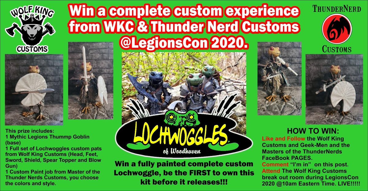 ThunderNerdsPod's tweet photo. (1/3) Want a chance to win an exclusive custom that nobody else has?
Follow the simple rules below, and then attend LegionsCon2020 and you can win a LochWoggle full custom figure from my friends at Wolf King Customs painted me, (Dustin) #thundernerdcustoms
#Giveaway https://t.co/Q1k690lYVo