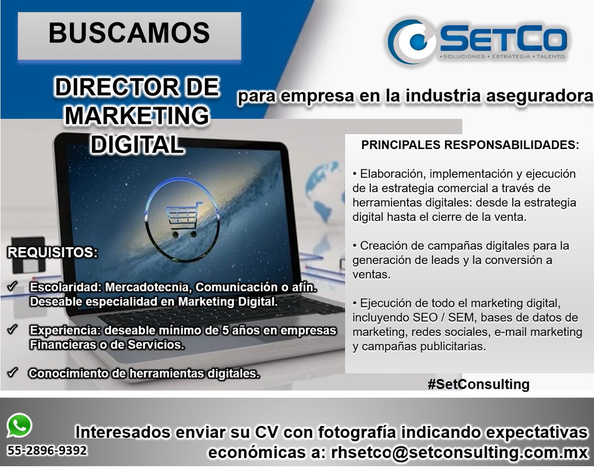 SetConsultingmx's tweet photo. BUSCAMOS DIRECTOR DE MARKETING DIGITAL para empresa en la industria aseguradora 🧐 #SetConsulting #ActualizarCv #Cv #Empleabilidad #ConsigueEmpleo #SiempreContigo #RRHH #RRSS #GraciasPorCuidarnos #Resume #NuevaNormalidad #MarketingDigital https://t.co/uTL9XOu4KN