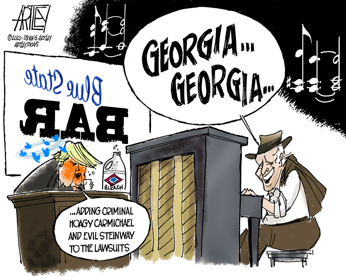 artleytoons's tweet photo. Was holding this cartoon til final GA recount. But, in the current environment, it doesn't seem to matter. In any case, I've come to realize it's a colossal waste of time and effort to continue. Thanks for all the fish. #GEORGIA @MaggieJordanACN @kriegercartoons #BidenTransition https://t.co/LZfD8LffXC
