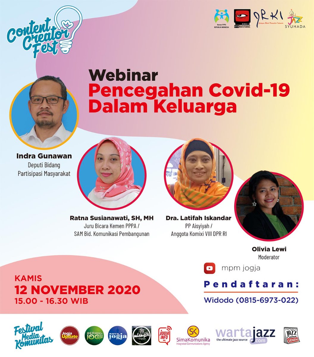 JogjaUpdate's tweet photo. CONTENT CREATOR FESTIVAL 2020 menyelenggarakan berbagai webinar.

Registrasi: 0815.6973.022
Peserta mendapatkan e-sertifikat

Saksikan live di channel youtube: mpm jogja

https://t.co/4aD7VkCYpX
@_CreatorFest

#PerempuanBerdaya #AnakTerlindungi #IndonesiaMaju #FMK2020 #CCF2020 https://t.co/0dhqVsQemB