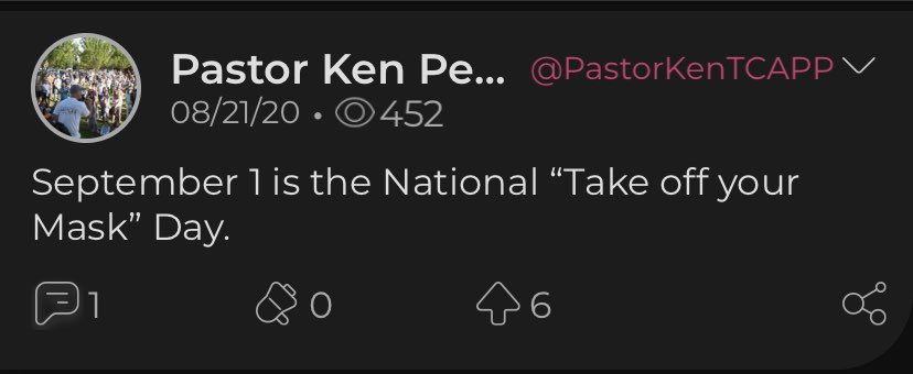 rw_pw's tweet image. Pastor Ken Peters of The Church at Planned Parenthood (TCAPP) is telling patriots to arise against the “evil” that has “invaded this nation.”
He also has declared Sep 1st as National “Take off your mask” Day.

So much for being prolife. 

#TCAPP #WearAMask #PastorKenPeters