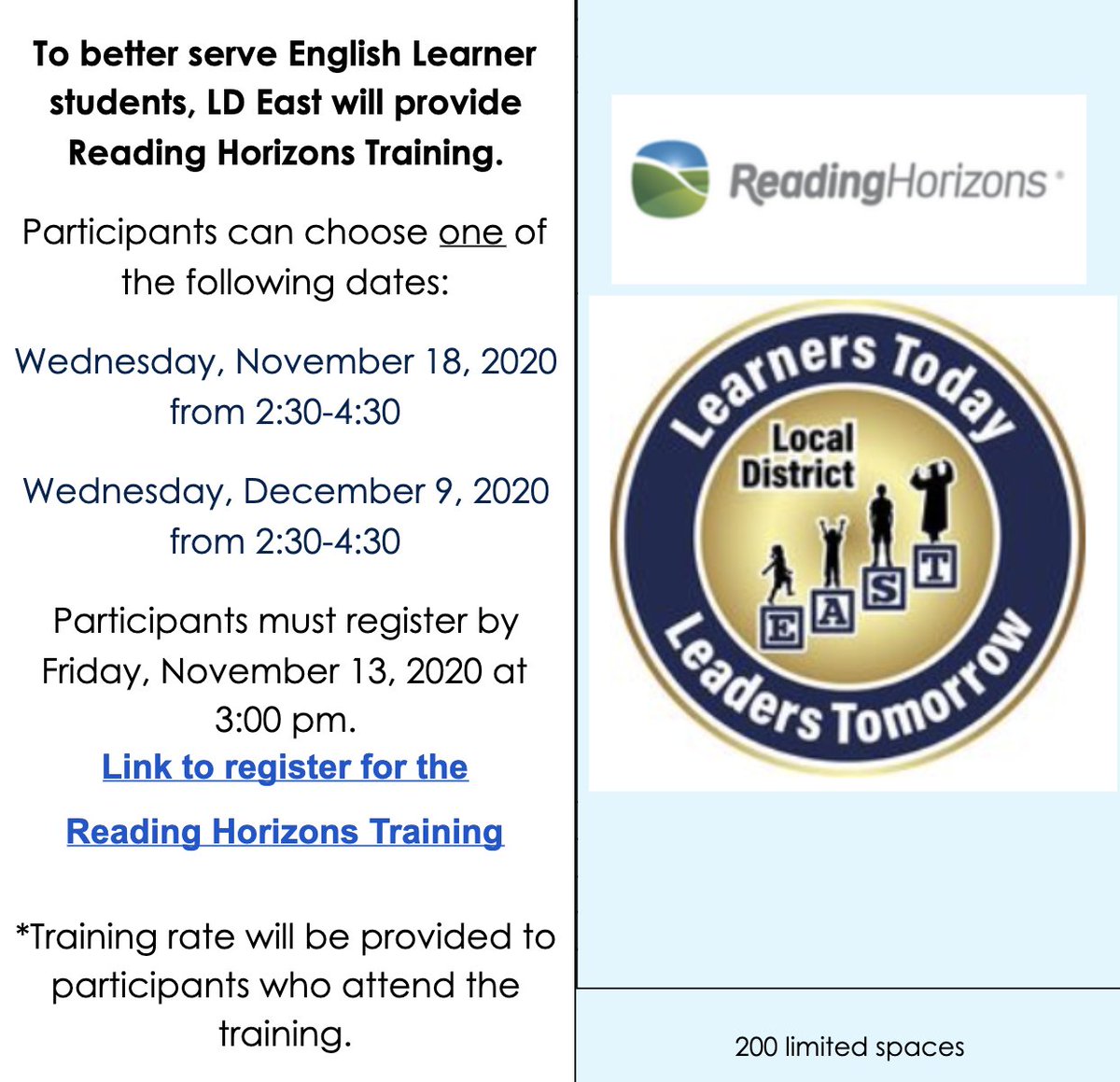 team_eld's tweet photo. Calling all LD EAST ELD Teachers! We have an opportunity for you to attend training for two supplemental programs to be used with our K-12 English Learners. Space is limited to 200 spots, register FAST! Get paid 2 hrs. @ training rate per PD #ADDINGTOYOURTOOLBOX
#EMPOWERTEACHERS https://t.co/7ahIQsgDm6