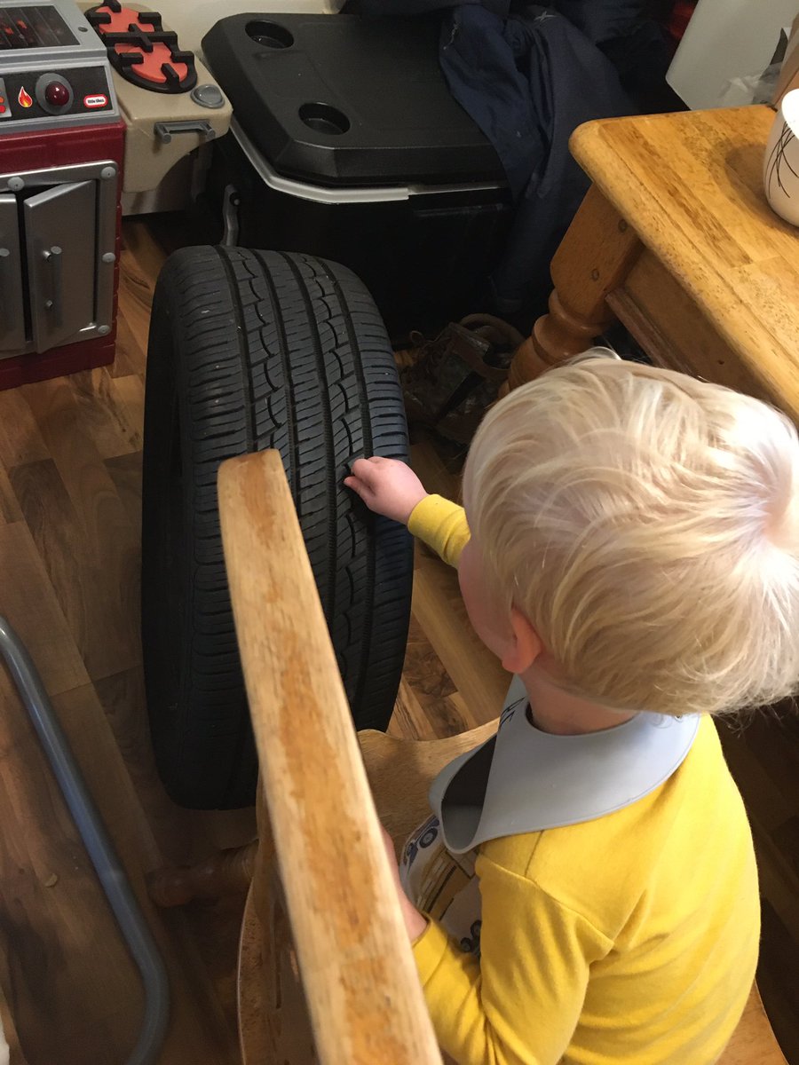 _MichiganderGal's tweet photo. This morning while getting #1’s breakfast I hear the sound of coins clinking (not good when you have a toddler) so I turn around to find him, penny in hand, checking the tread on my husband’s spare tire😂 #geniuschild https://t.co/R3HciF9CHN