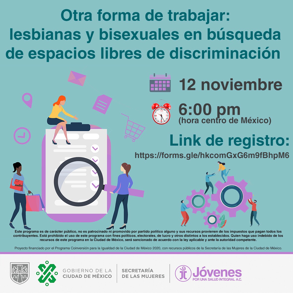 SeMujeresCDMX's tweet photo. #Semujeres y @JovenesSaludInt invitan al taller virtual:  “Otra forma de trabajar: lesbianas y bisexuales en búsqueda de espacios libres de discriminación” 

🗓️ 12 de noviembre
🕰️ 18:00 horas
Registro👇
https://t.co/7fgZ3inCGa
#Proyectocoinversion2020 https://t.co/AmMHFfFIq9