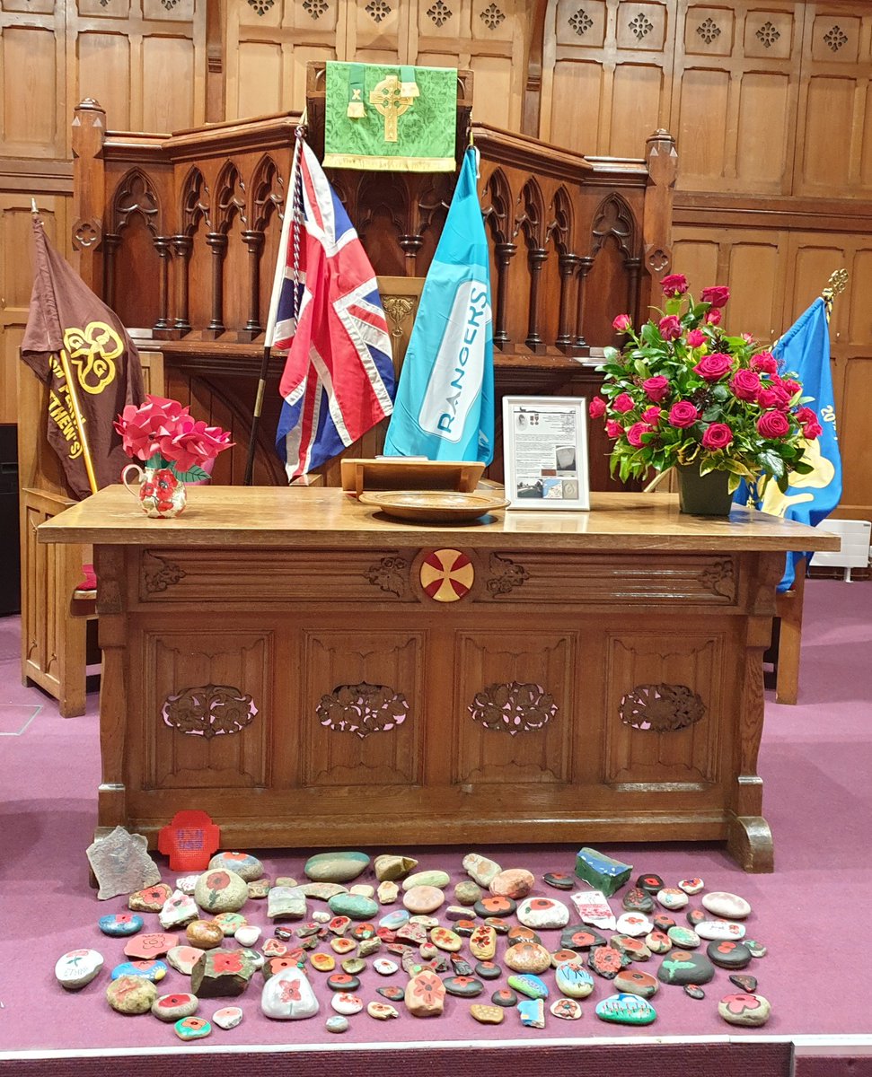 20thPerth's tweet photo. We helped decorate the church for Remembrance. 
Poppy pebbles and pinwheels by all sections. 
Love that our new flag gets centre stage 
#20thrangerstakeover https://t.co/SdH5C5pFaI