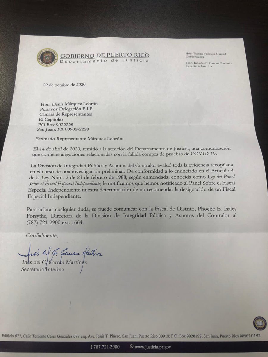 denismarquezpip's tweet photo. Hoy recibí una carta del @Justicia_PR mediante la cual notifican que determinaron no recomendar OPFEI la designación de un FEI tras dos informes que les referí con los hallazgos y conclusiones preparados en mi oficina legislativa sobre la compra fallida de pruebas de Covid19. https://t.co/xiVShkQKAf
