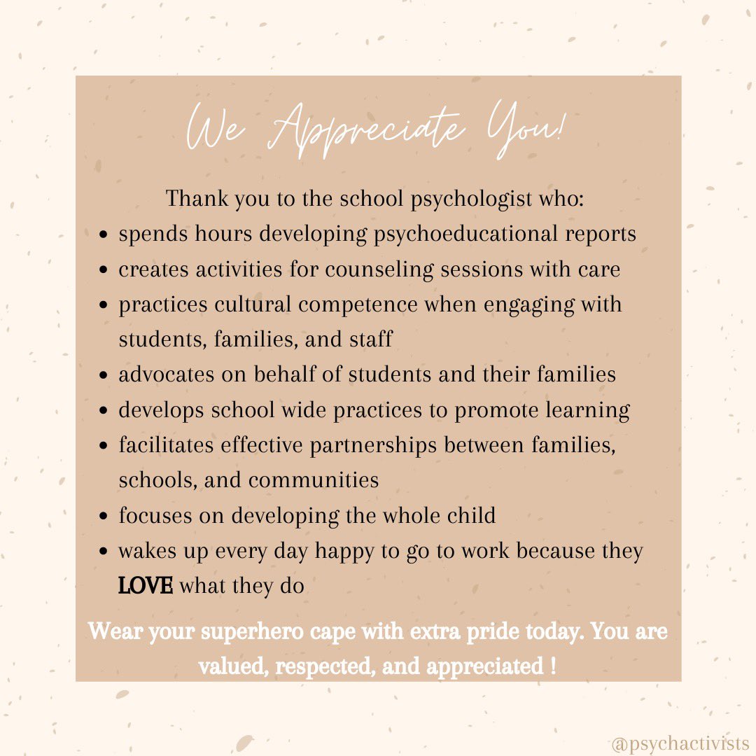 Thank you to every school psychologist, school psychologist intern &amp; practicing student for all the wonderful things you do to support schools ! #SPAW2020 #schoolpsychologist #SchoolPsychologists #schoolpsych