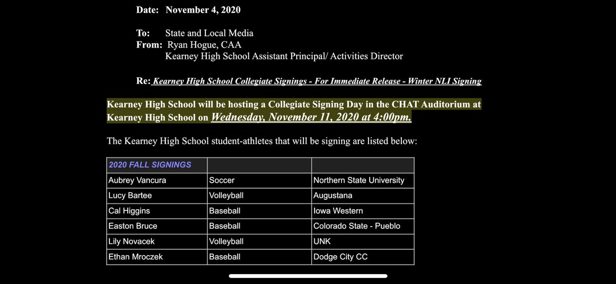 ryanhogue24's tweet photo. Kearney High School 2020 Fall NLI will take place on Wed, Nov. 11th at 4:00pm in the CHaT/ Auditorium.  CONGRATS BEARCATS!  @BaseballKearney @khsvolleyball @KHSLCatsSoccer @Loofe33 @KHSBoosterClub @HubSports_Buck @PlatteRiverPrep @LilDaveSports @NTVDaveGriek https://t.co/pEza0T2LA8