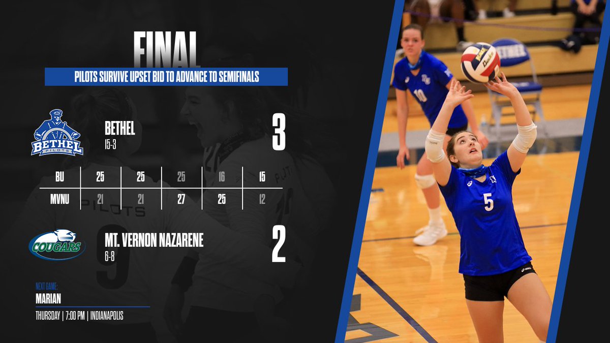 BUPilots's tweet photo. Survive and advance is the name of the game for @BUPilotsVB! They're on to the Semifinals against Marian on Thursday! https://t.co/DhH74WYtur