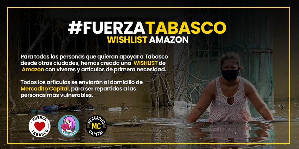 Atomika13_'s tweet photo. Amigos que sean de otras ciudades y  quieran apoyar su granito para Tabasco, ya terminé la wishlist de Amazon. Agradecida con  @MCapitalMX que me dió un espacio para ir guardando las cosas. Poco a poquito vamos sumando y de corazón gracias. #FuerzaTabasco 
https://t.co/5pBM6p0r0j https://t.co/72gqmVW7W6