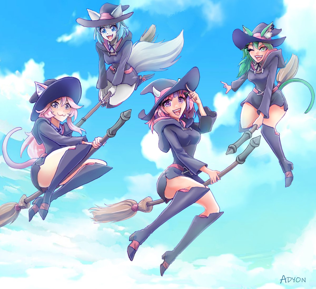 Adyon's tweet image. A Little Witch Academia crossover with @NyanNyanners @wolfychuuu @Iron_Mouse and @MomoMischief  
I sat down on Halloween and did this as a last minute Inktober. Decided to put some color on it, since it was already late evening when I finished the inks.